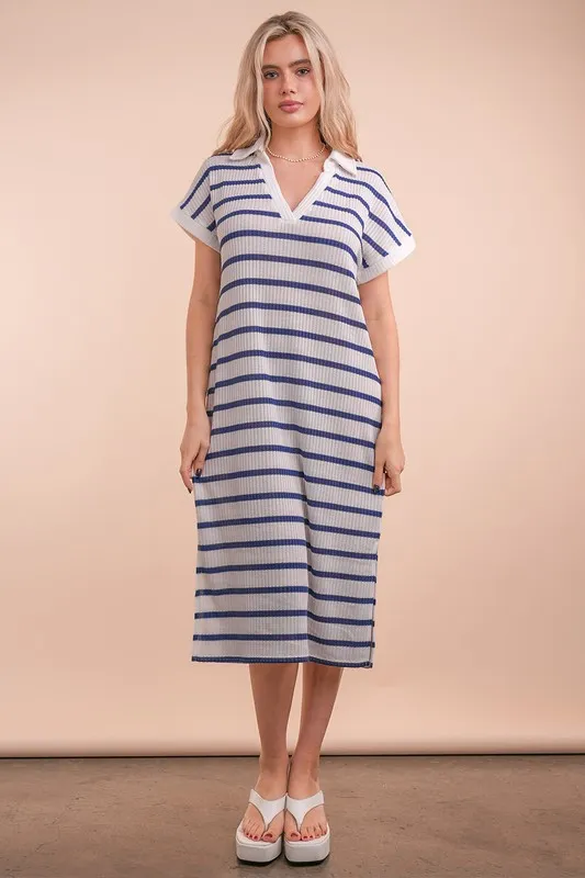Oversized Collared Striped Knit Midi Dress, image 5