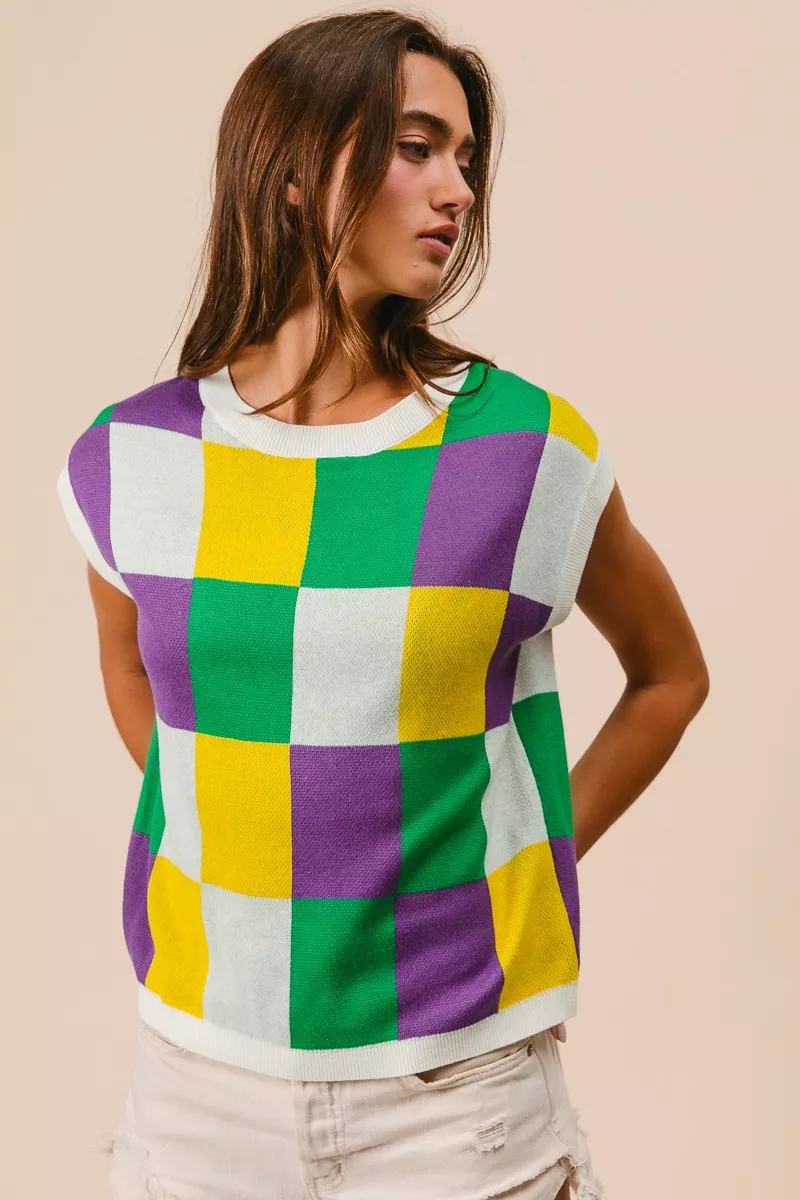 Mardi Gras Checker Pattern Sleeveless Sweater Top, image 3
