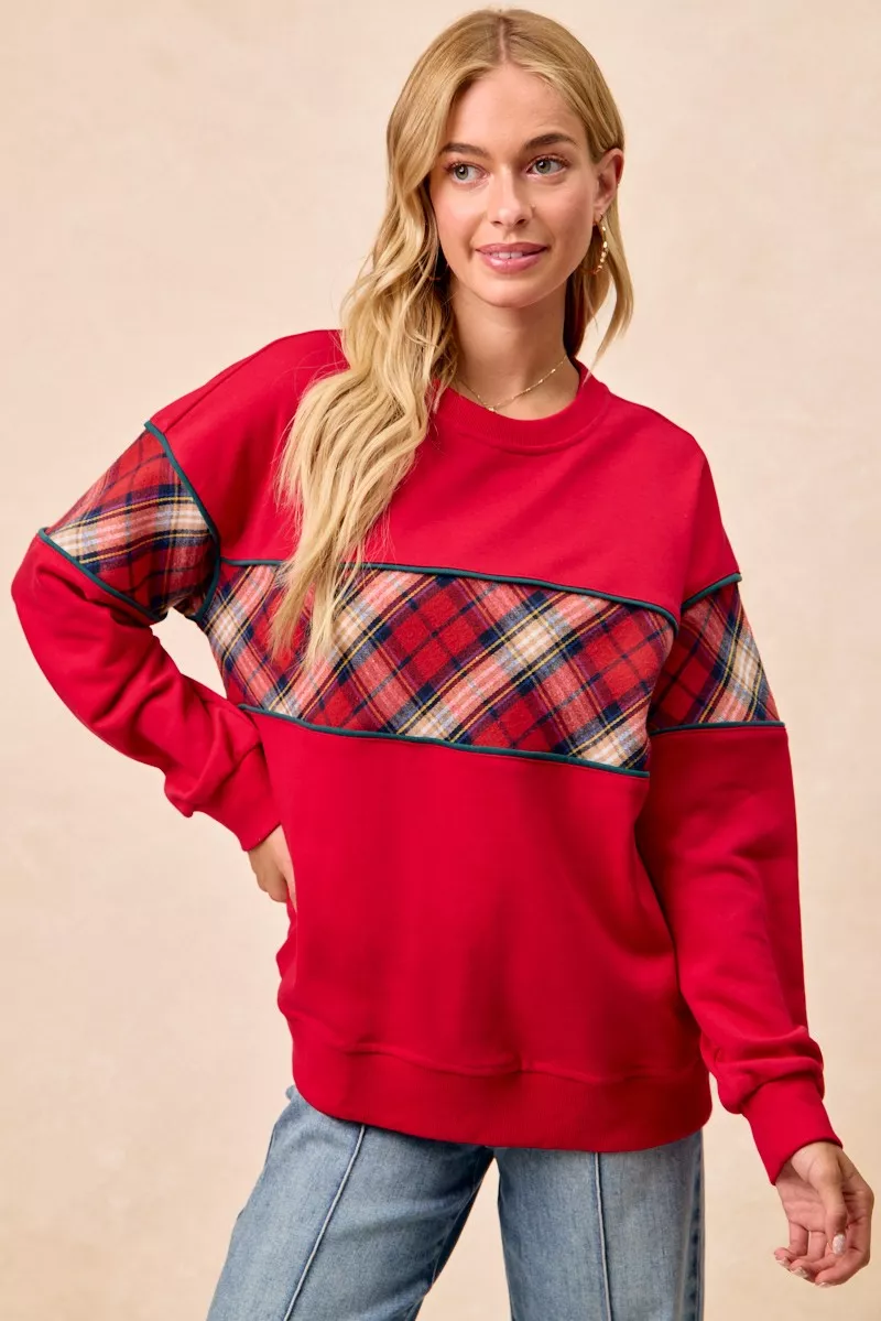 Christmas Theme Plaid Block Sweatshirt with Binding