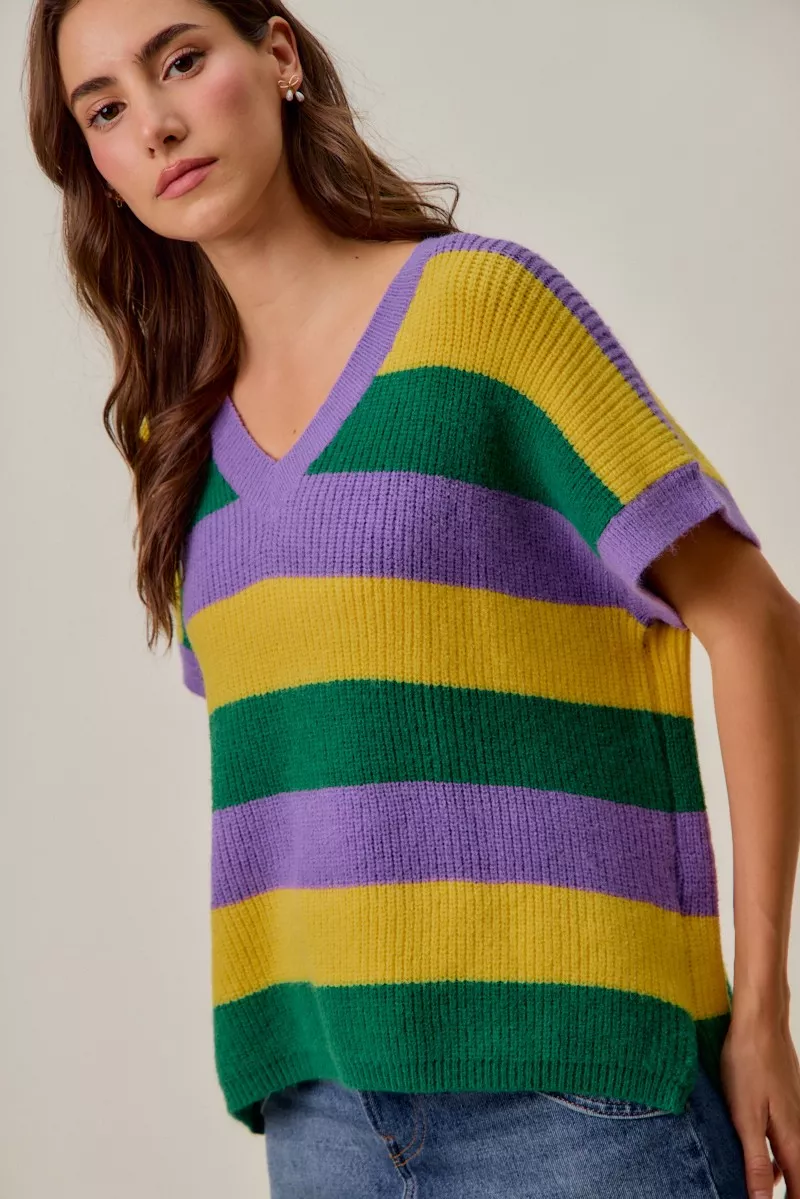 Mardi Gras Loose Fit V Neck Stripe Sweater Top, image 16