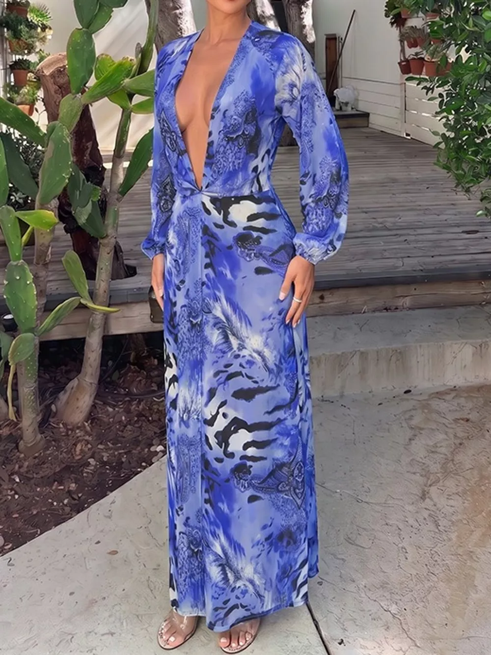 Deep V-Neck Long Sleeve Printed Maxi Dress, image 25