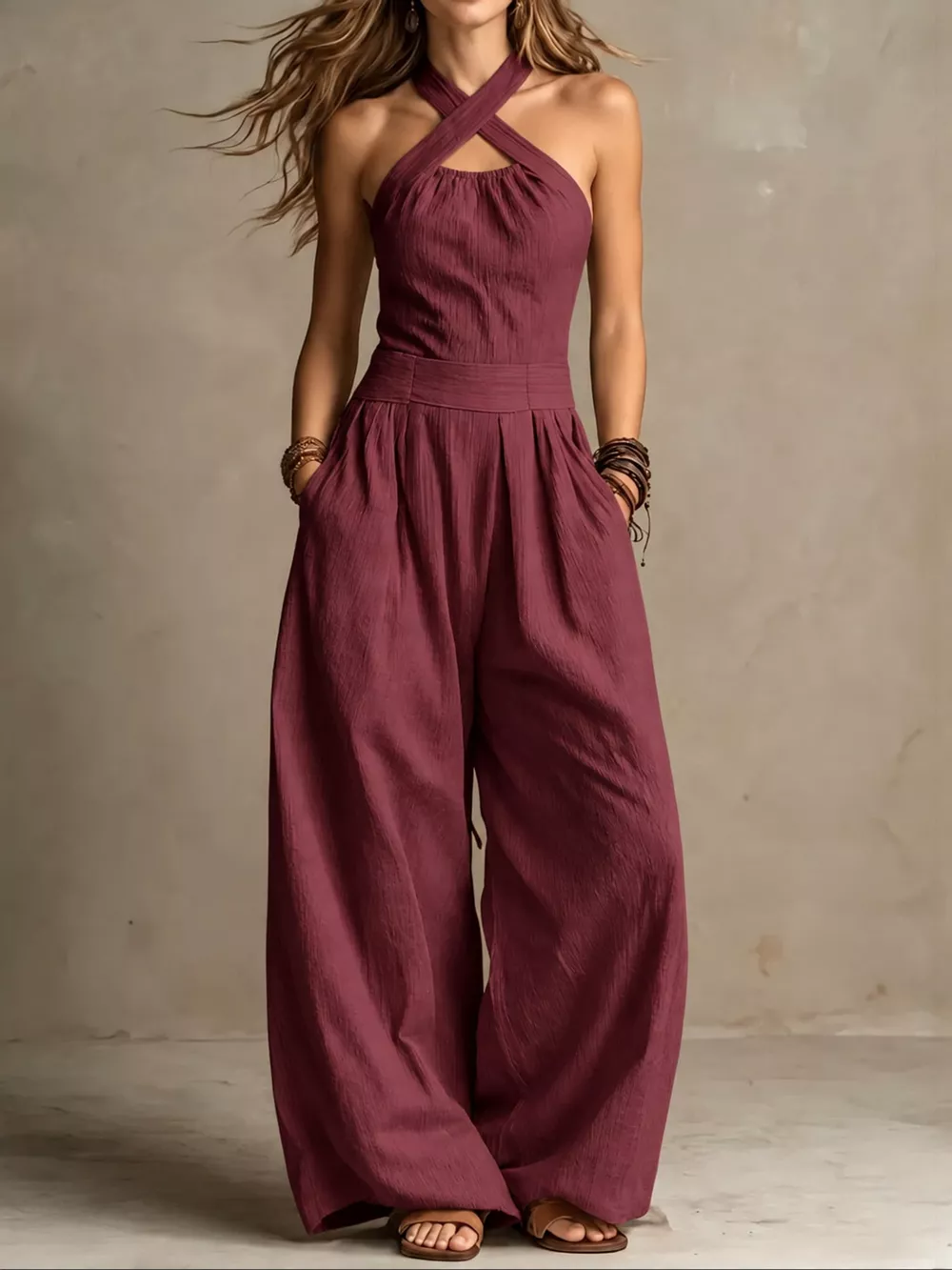 Full Size Halter Neck Wide-Leg Jumpsuit Plus Size, image 44