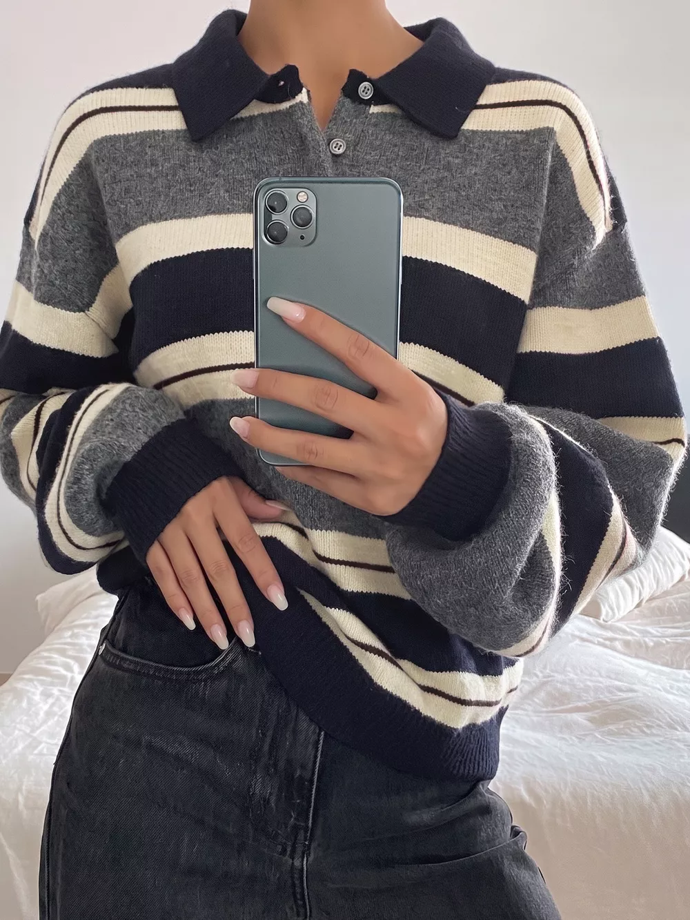 Striped Long Sleeve Button Detail Sweater, image 4