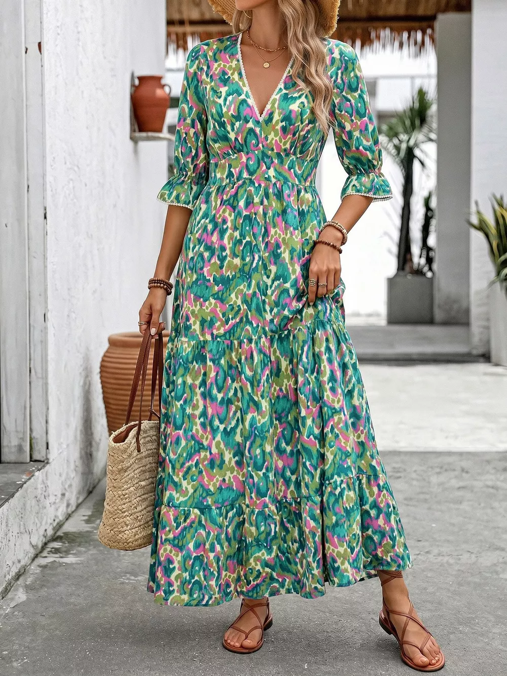Printed V-Neck Flounce Sleeve Dress, image 3
