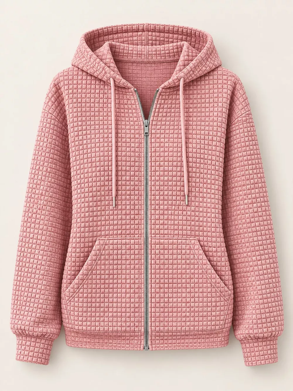 Waffle Knit Zip-Up Hoodie with Drawstring and Pockets, image 25