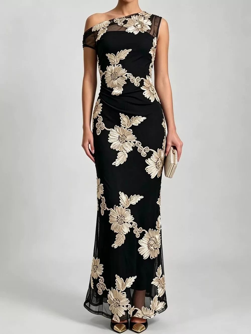 One-Shoulder Floral Embroidered Maxi Dress, image 17