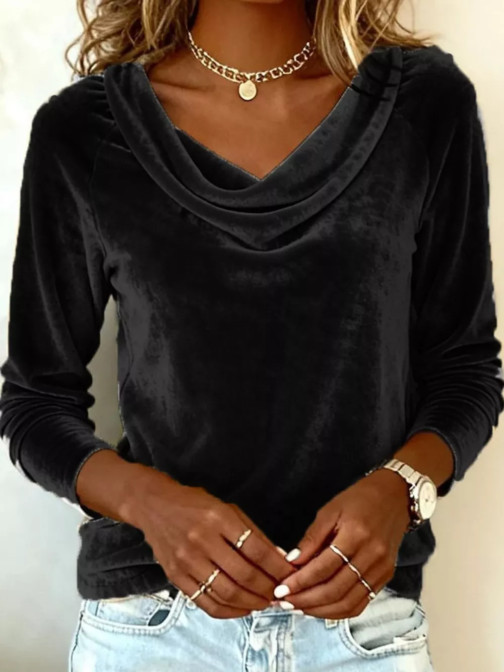 Full Size Velvet Cowl Neck Long Sleeve T-Shirt Plus Size, image 17
