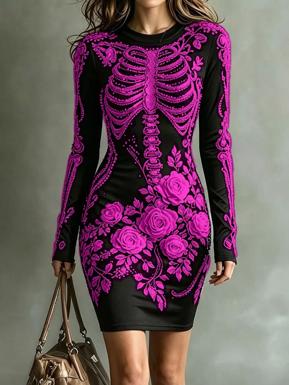Skeleton Floral Long Sleeve Bodycon Dress, image 12
