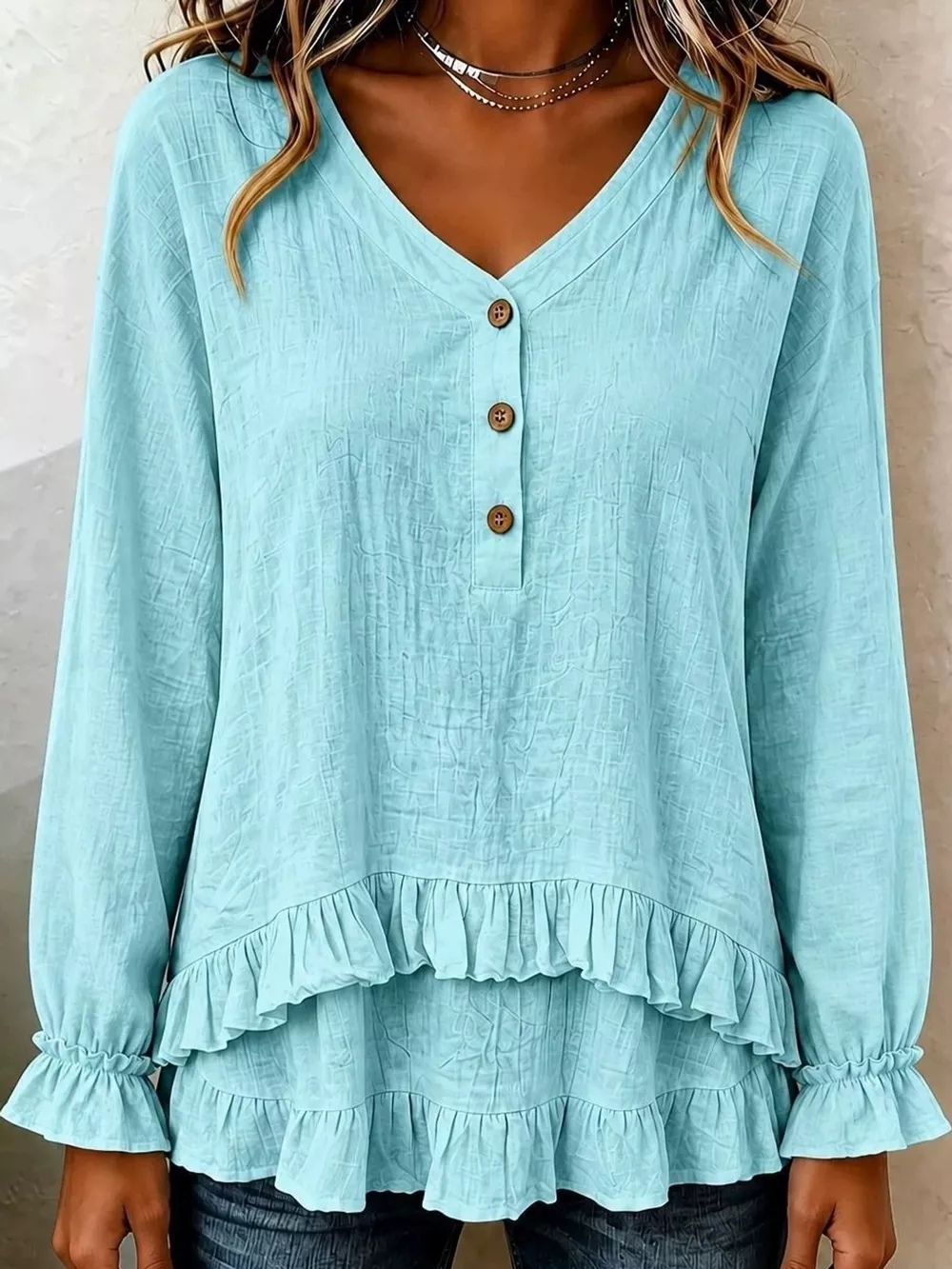 V-Neck Long Sleeve Ruffled Hem Blouse, image 4