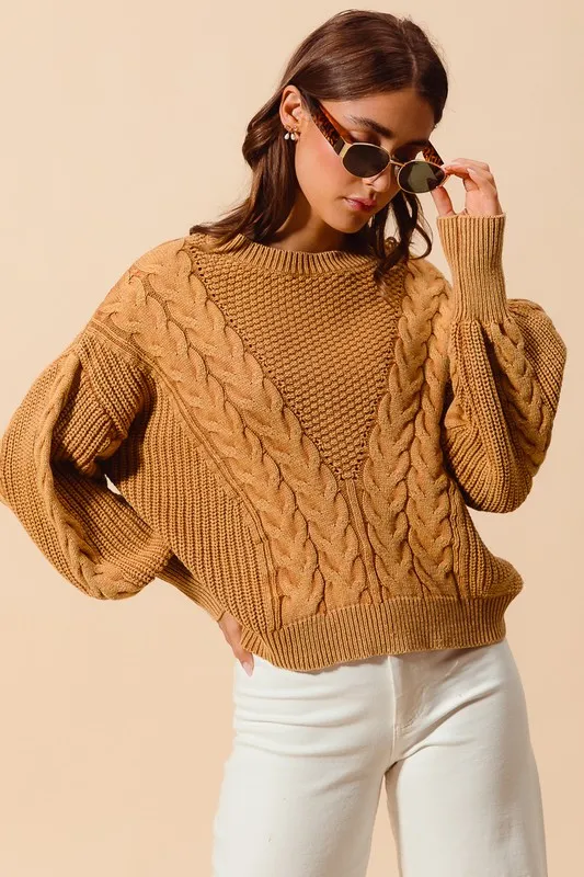 Mineral Washed Loose Fit Textured Cable Sweater, image 10
