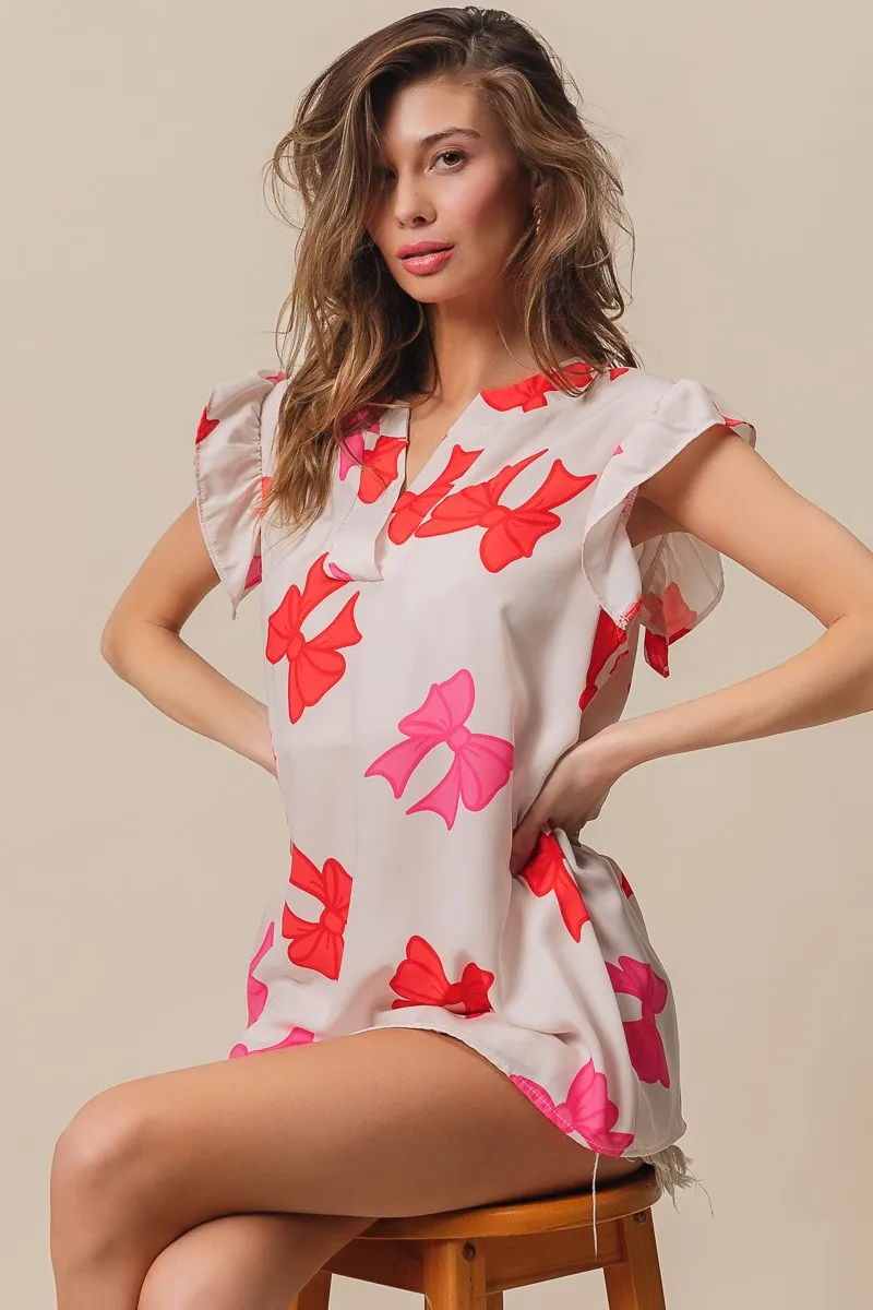 Bow Printed Woven Ruffled Sleeves V Neck Top, image 11