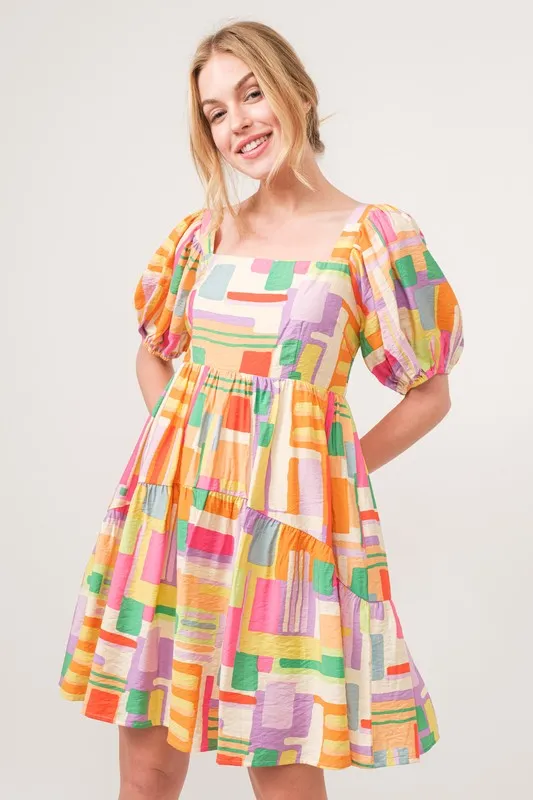 Square Neck Puff Sleeve Geo Printed Mini Dress