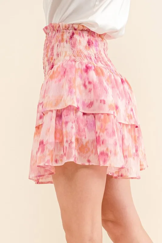 Printed Lurex Smocked Waist Tiered Skort, image 2