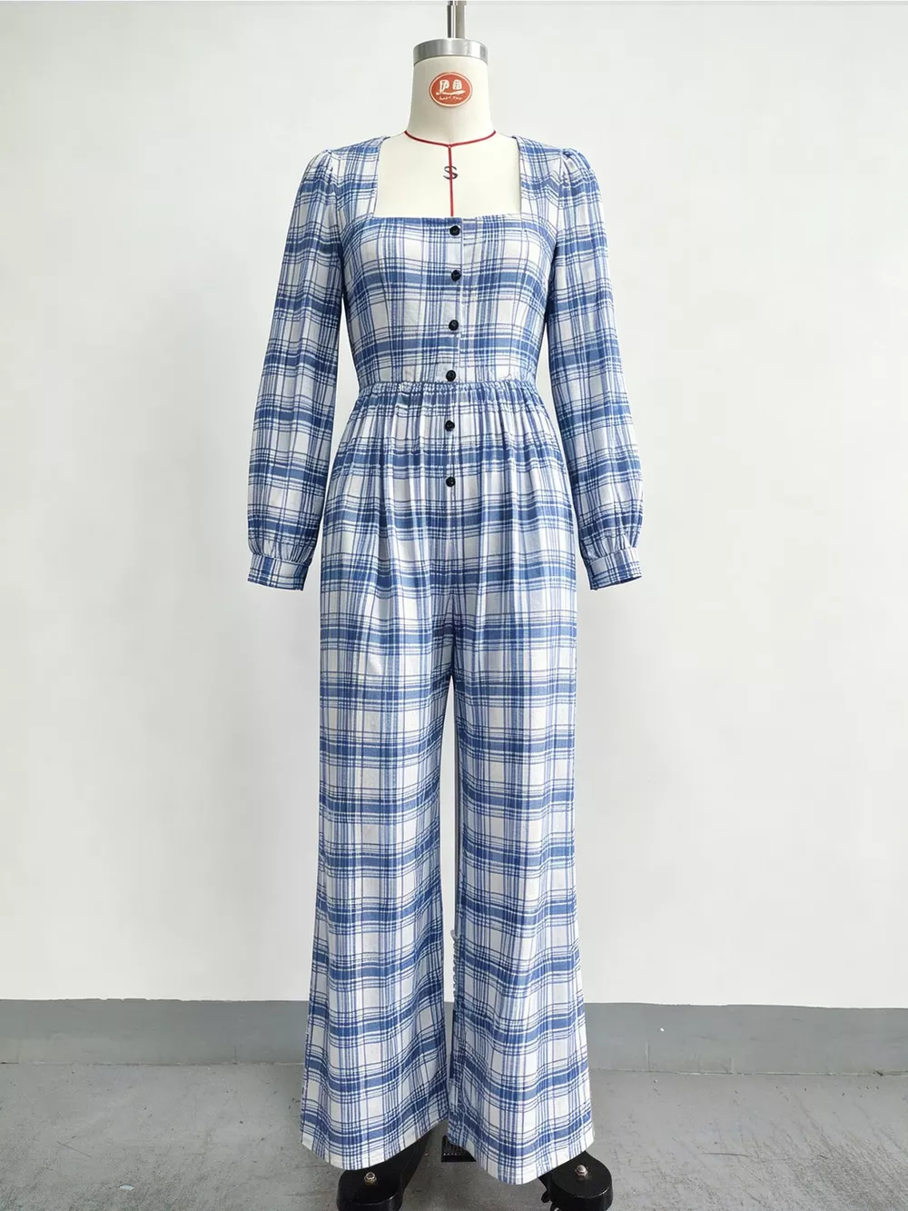 Plaid Square Neck Long Sleeve Wide-Leg Jumpsuit, image 18