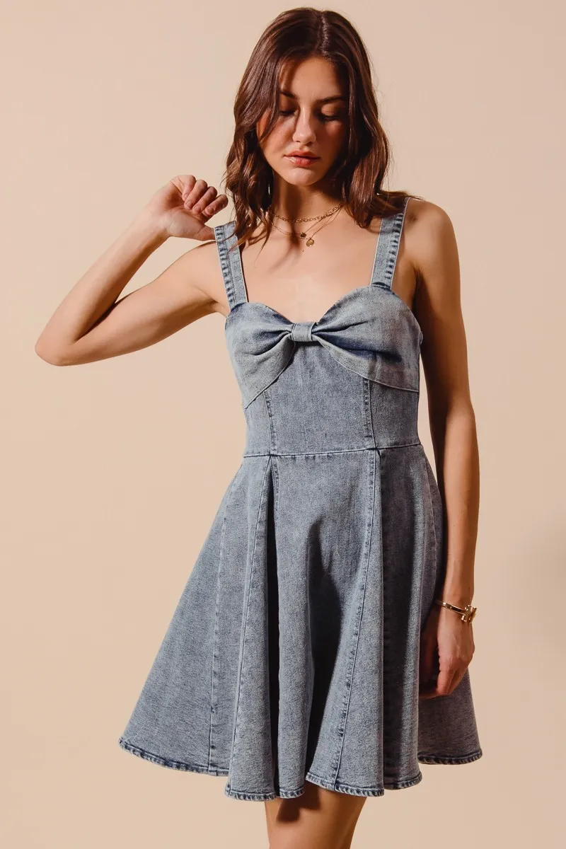 Mineral Washed Bow Ribbon Denim Flare Dress, image 2