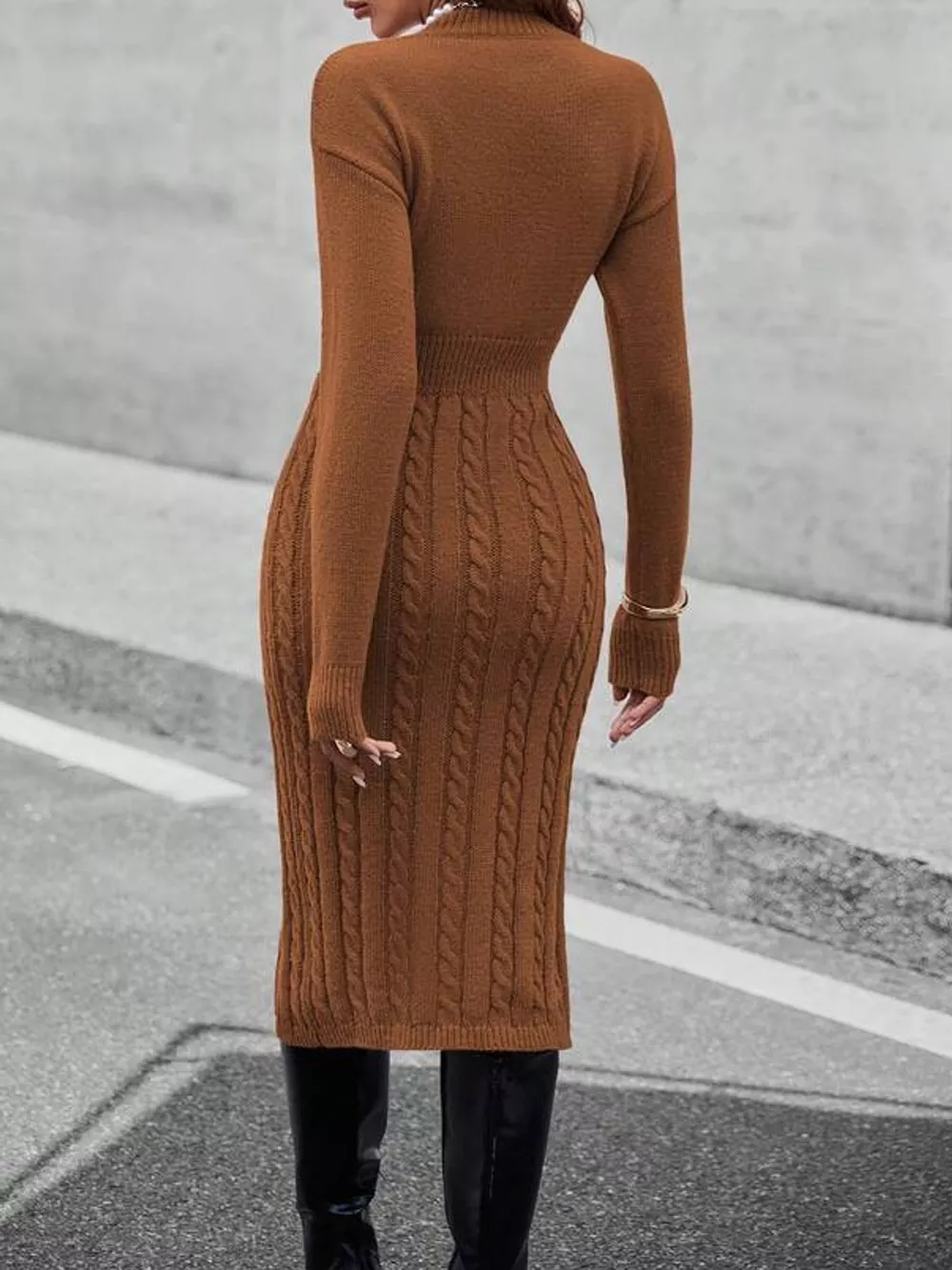 Full Size Mock Neck Cable Knit Sweater Dress with Front Slit Plus Size, image 6