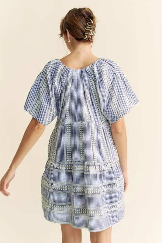 Embroidered Stripe Ruffled Gingham Mini Dress, image 7