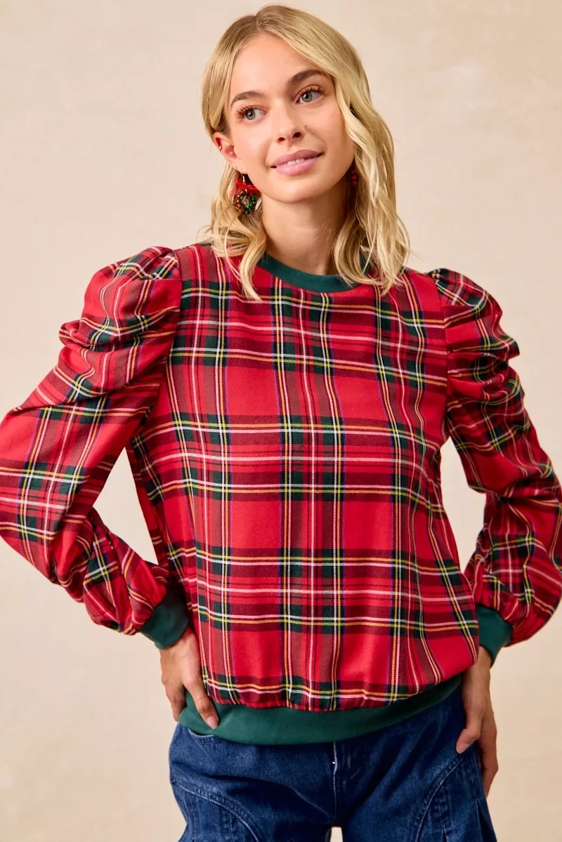 Christmas Plaid Exaggerated Shoulder Sleeves Top, image 10