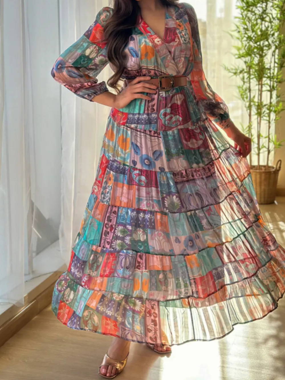 Printed Surplice Long Sleeve Maxi Dress, image 4