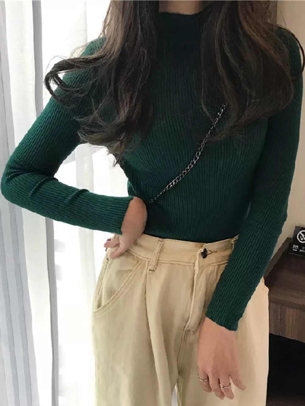 Elegant Slim-Fit Ribbed Mock Neck Knit Top, image 58