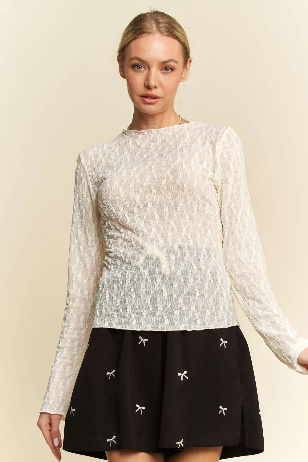 Long Sleeve Sheer Small Embroidered Bows Lace Top