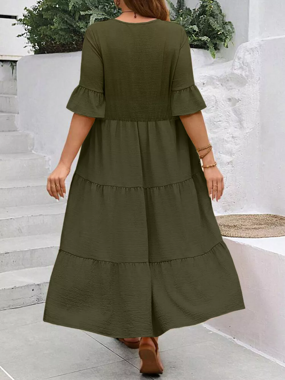 Plus Size Ruffle Sleeves Tiered Midi Dress, image 11