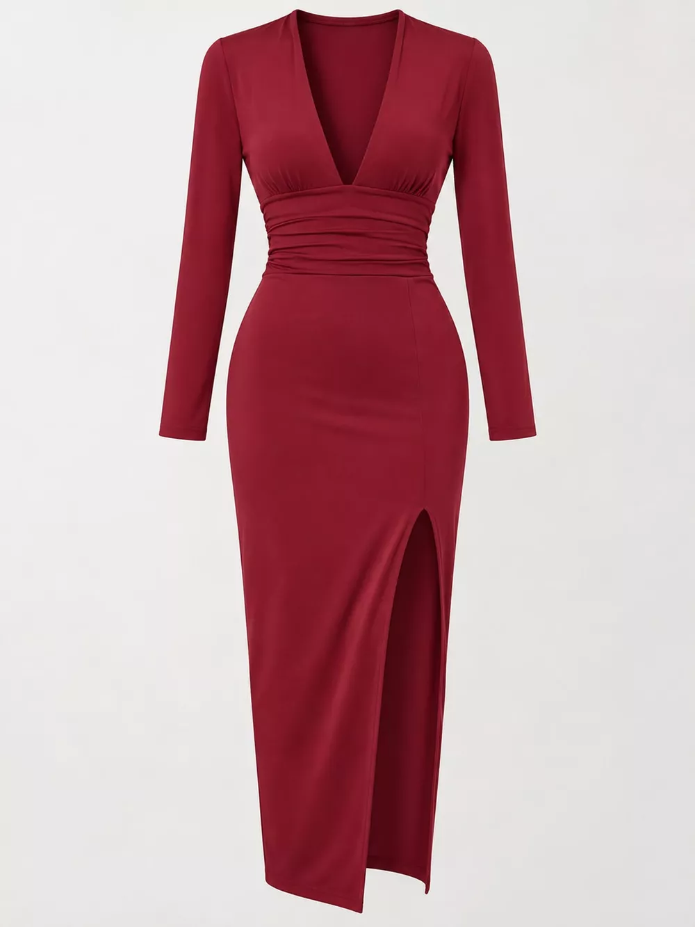 Deep V-Neck Ruched Bodycon Dress with High Slit, image 11