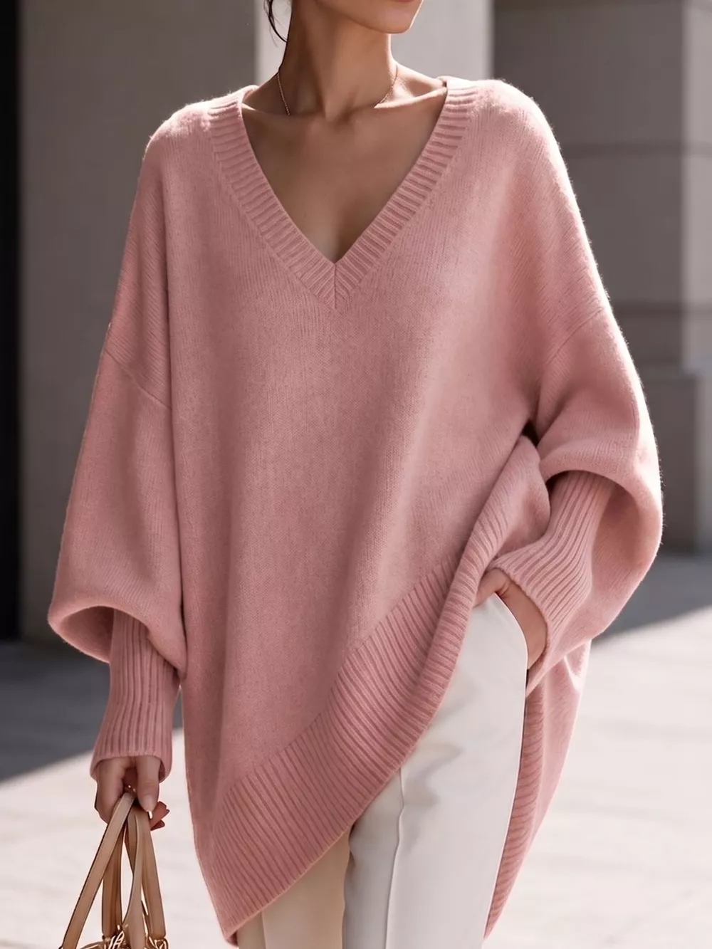 Full Size V-Neck Oversized Batwing Sleeve Sweater Plus Size, image 30