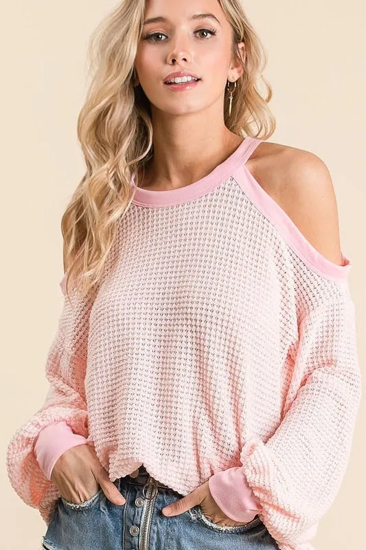 Popcorn Waffle Top with Cold Shoulder Detail