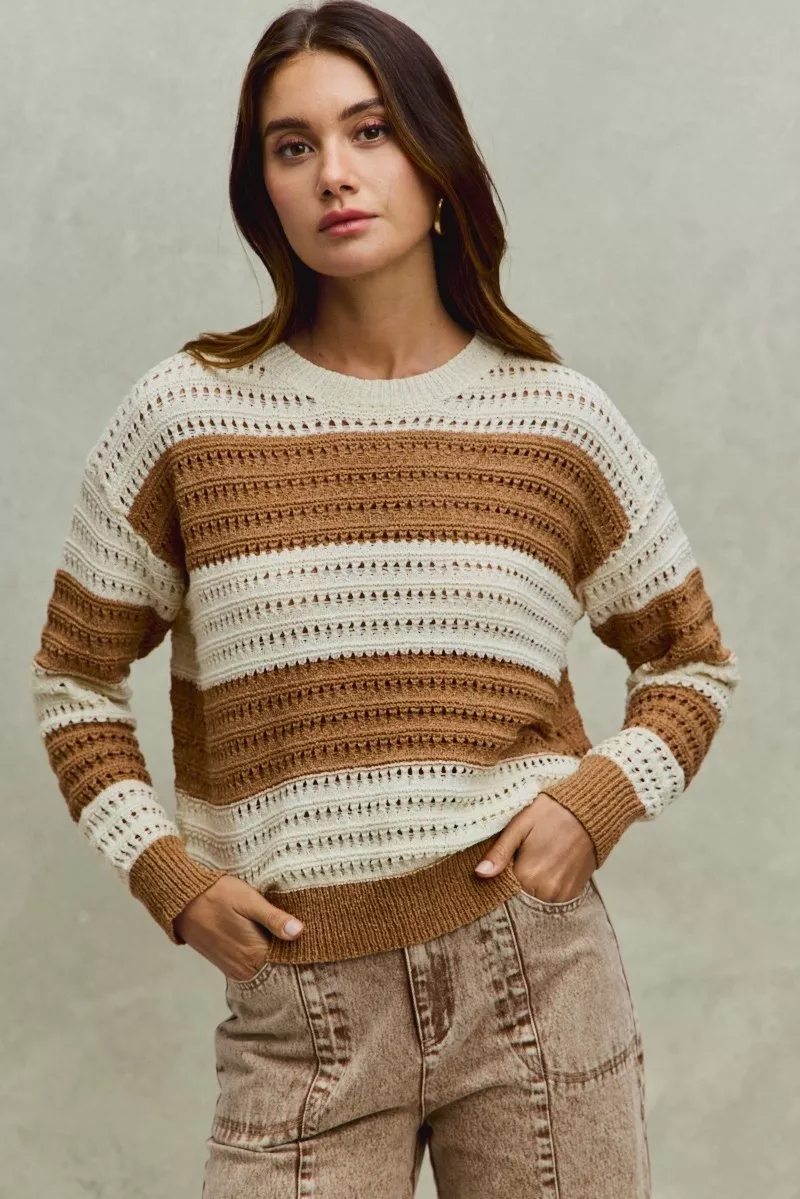Openwork Round Neck Wide Stripe Textured Sweater