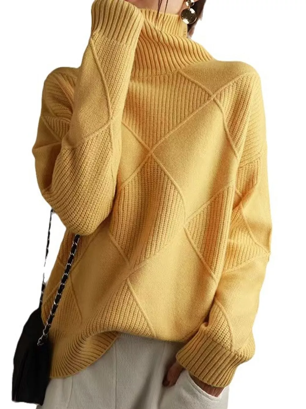Full Size Diamond Pattern Turtleneck Sweater Plus Size, image 34