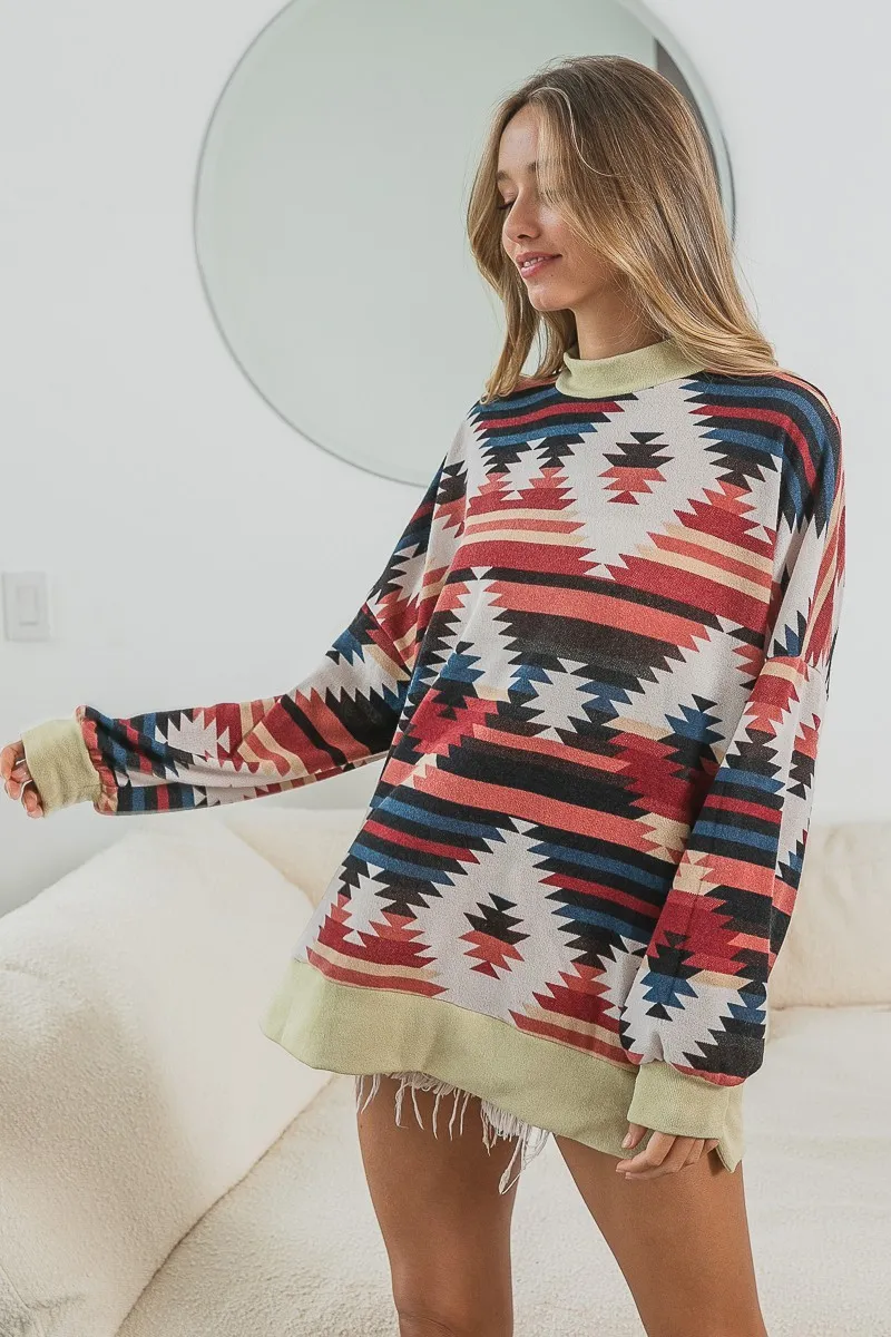 Aztec Print Mirr Mock Neck Lslv Top