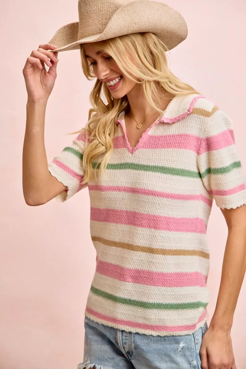 Multi Colors Stripes Collared Knit Top, image 11