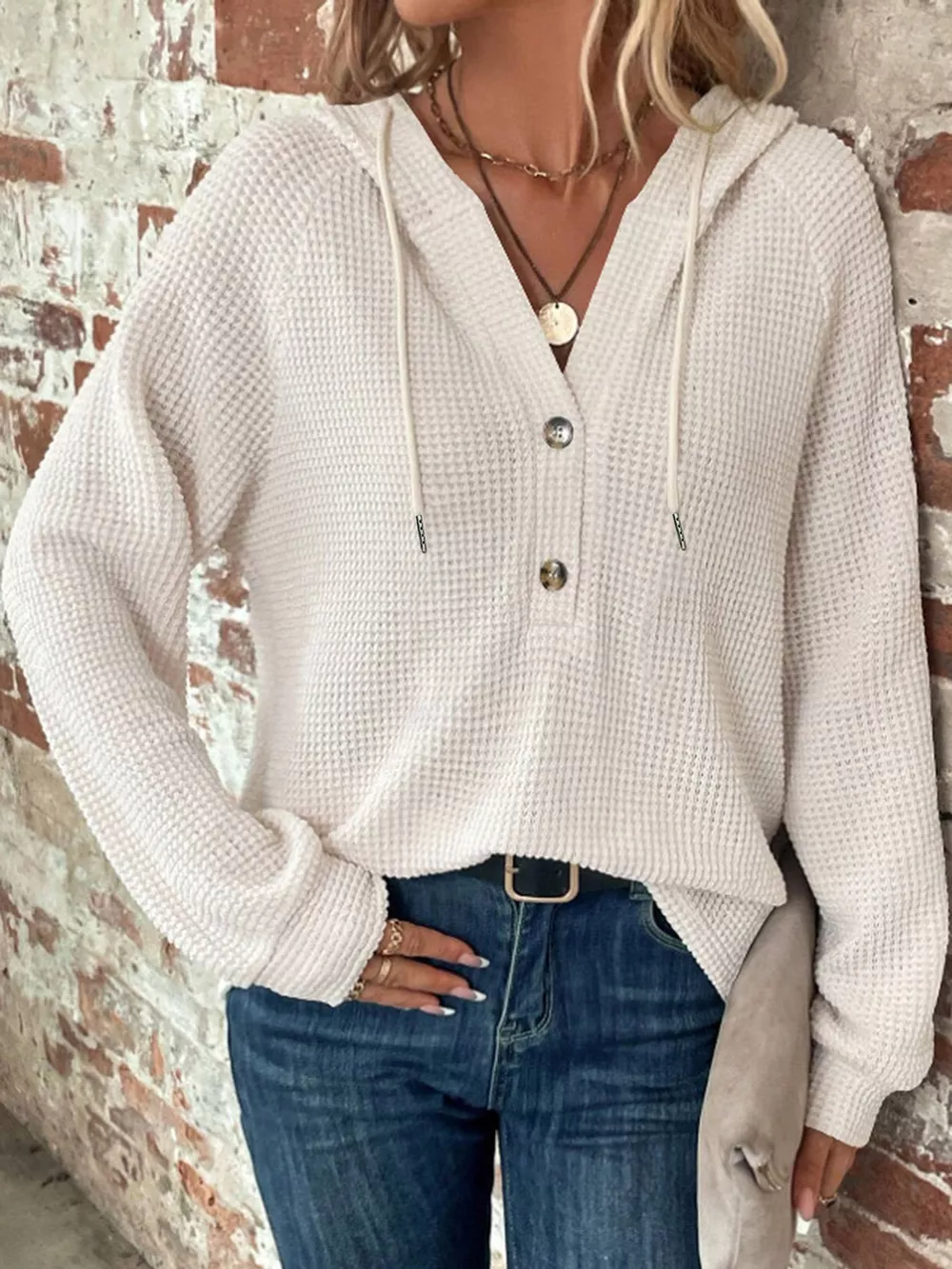 Full Size Waffle Knit Button Detail Hoodie Plus Size, image 12