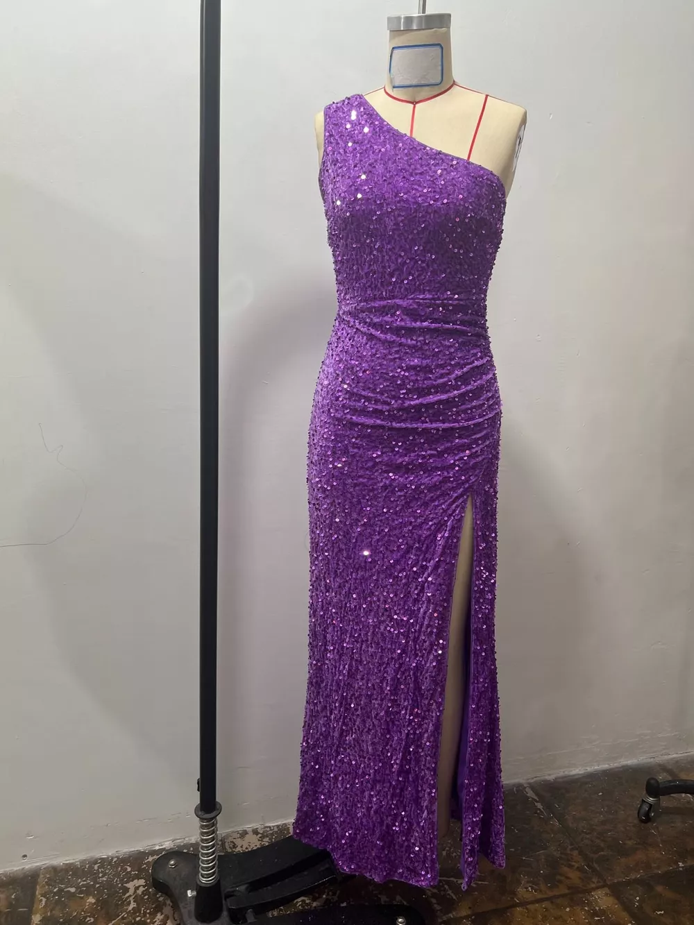 One-Shoulder Ruched Sequin High-Slit Evening Dress, image 42
