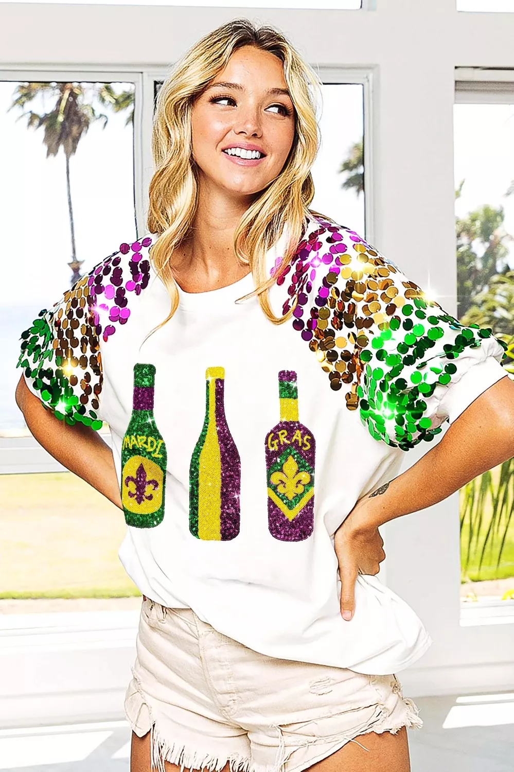 Sequin Mardi Gras Bottles Spangled Sleeve Top, image 21