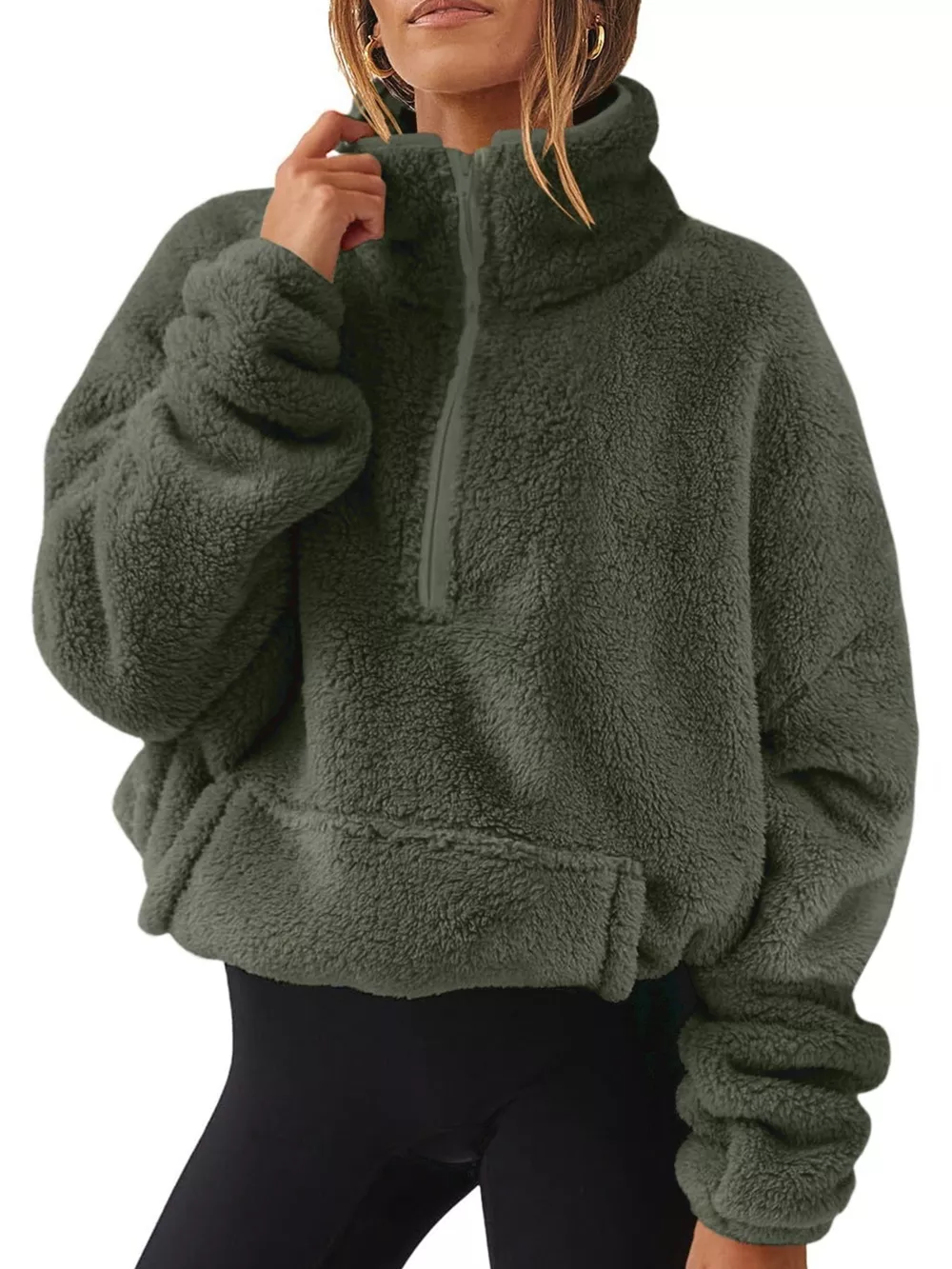 Full Size Sherpa Quarter-Zip Turtleneck Sweatshirt Plus Size, image 6