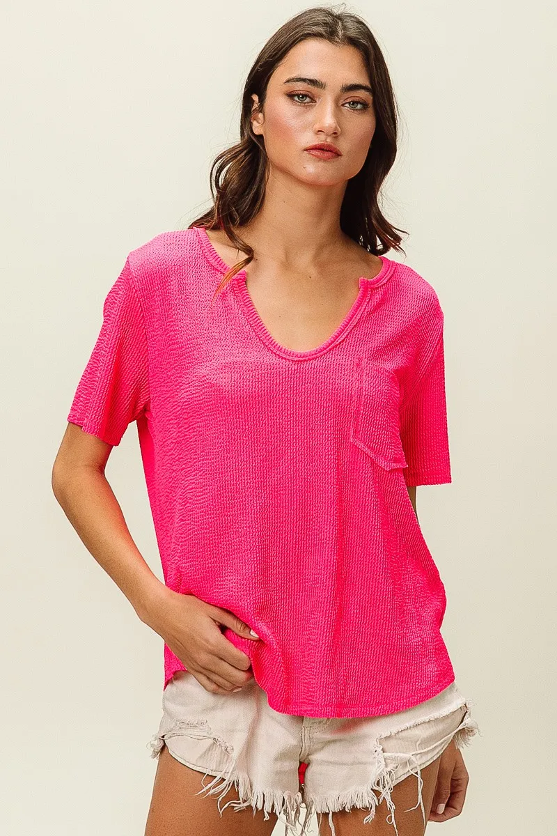 Waved Rib U Neck Top With Front Pocket, image 18