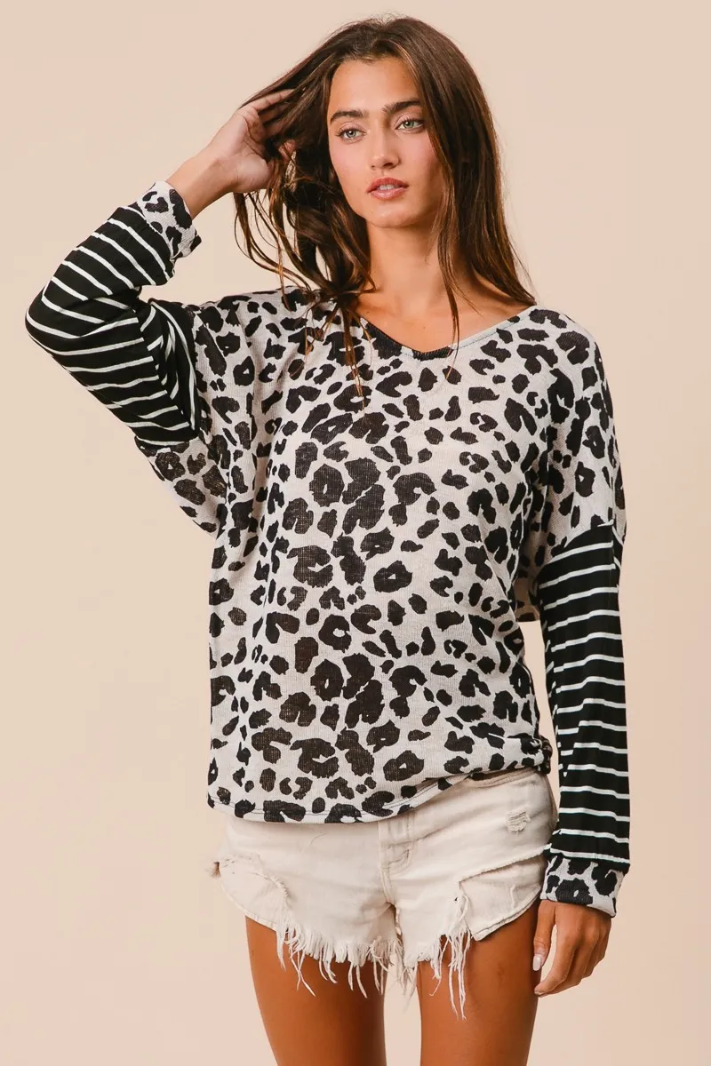 Leopard Hacci Knit Twist Back Top With Stripe Sleeve, image 7