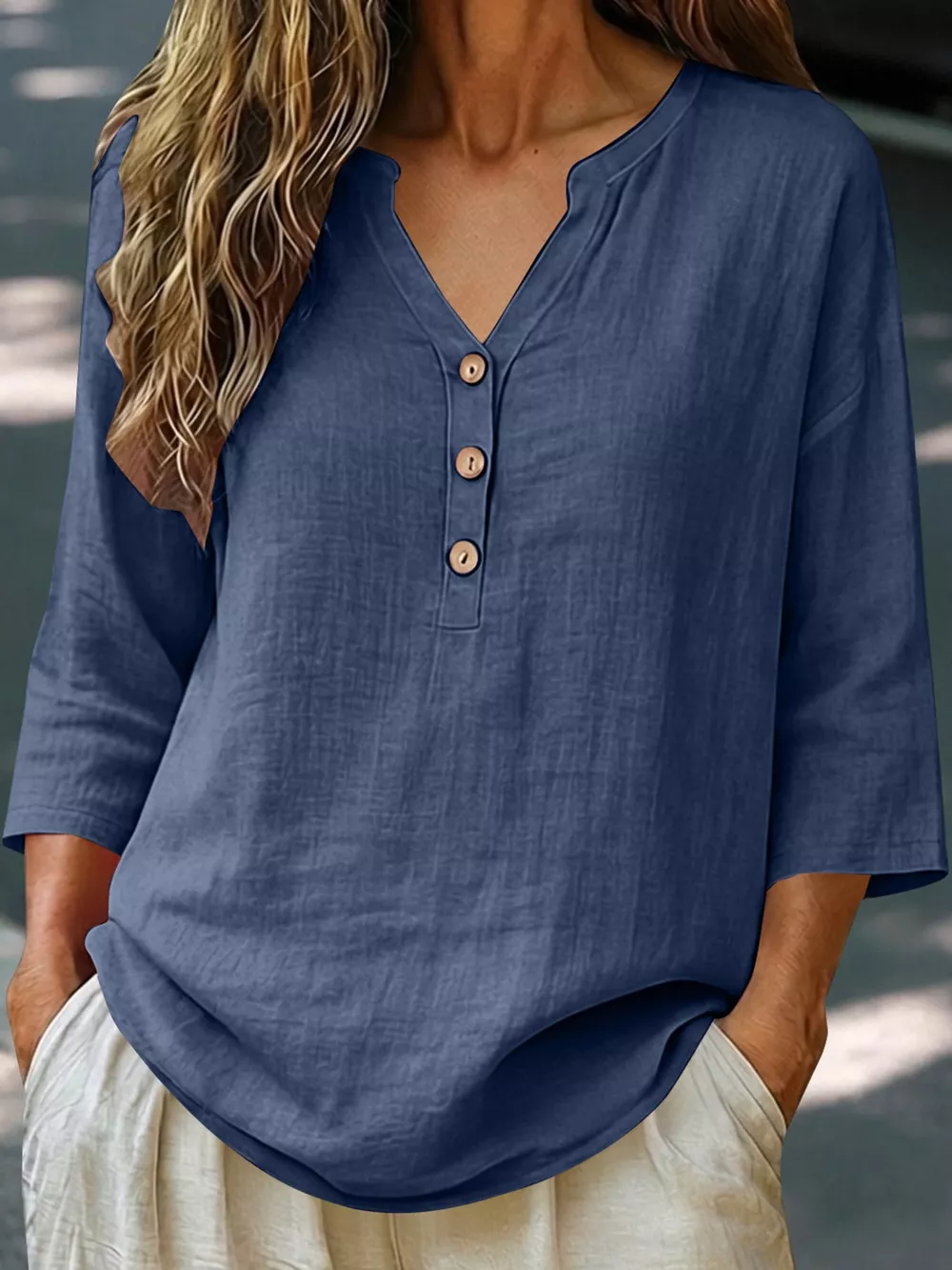 Full Size Button Detail Notched 3/4 Sleeve Blouse Plus Size, image 13