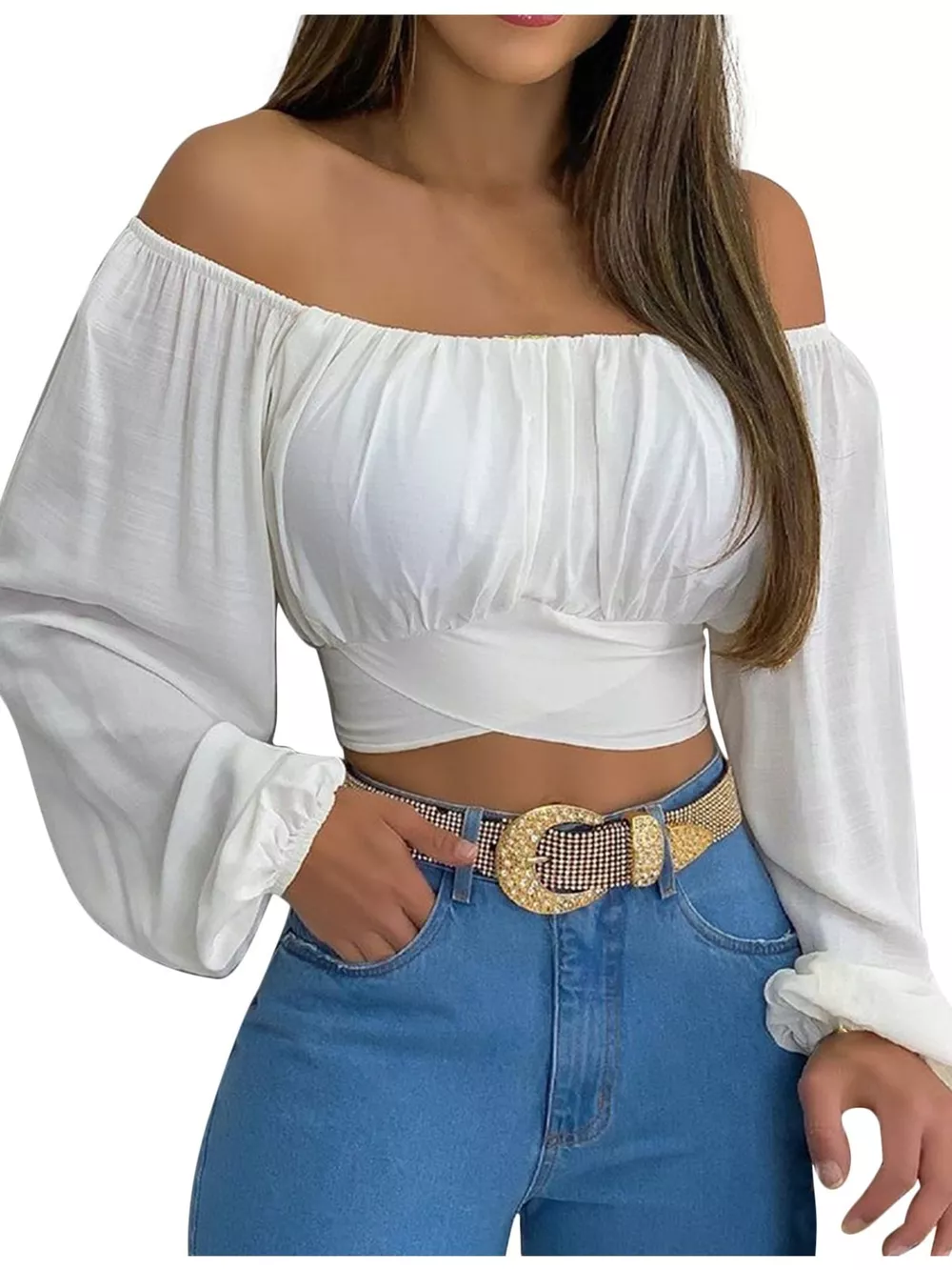 Off-Shoulder Long Sleeve Cropped Blouse