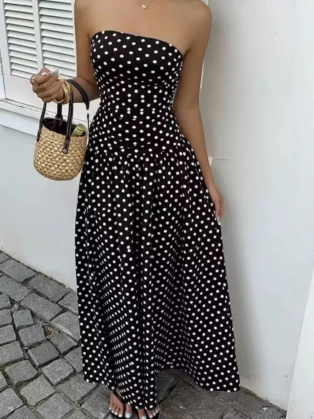 Strapless Polka Dot Ruched Maxi Dress, image 9