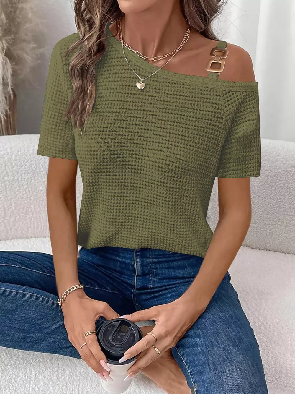 One-Shoulder Chain Detail Waffle Knit T-Shirt, image 10