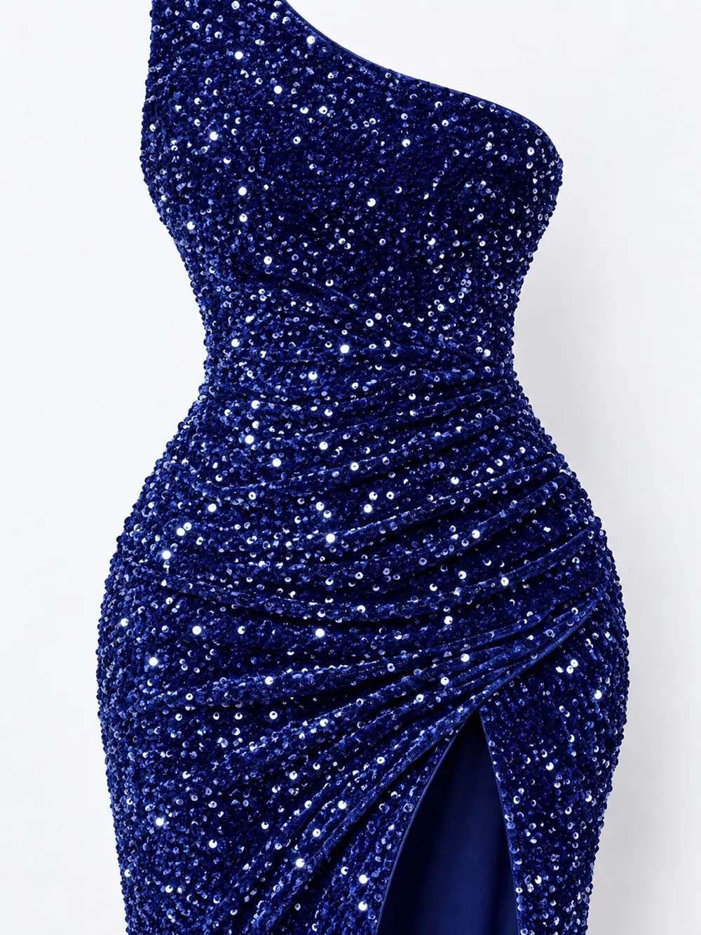 One-Shoulder Ruched Sequin High-Slit Evening Dress, image 29