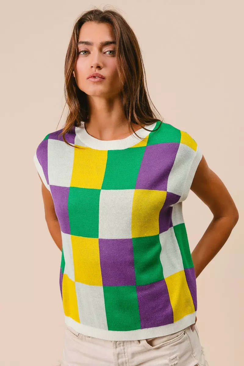 Mardi Gras Checker Pattern Sleeveless Sweater Top, image 9