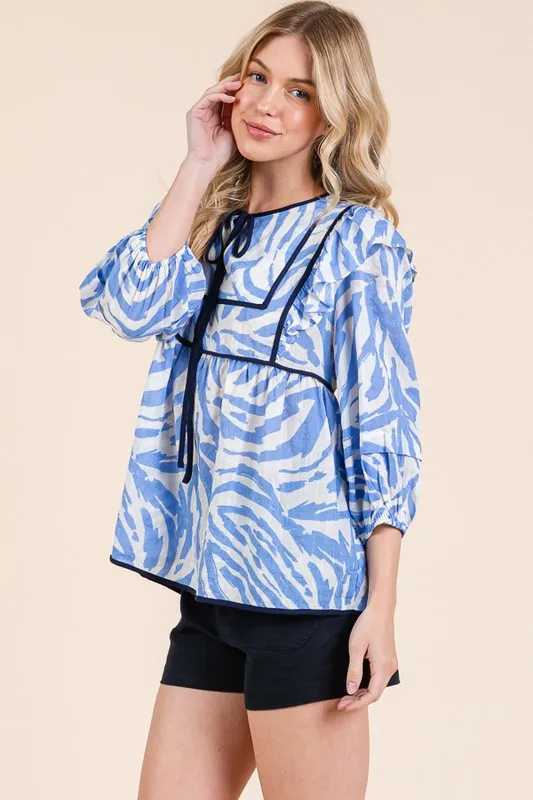 Graphic Print Solid Trim Quarter Sleeve Blouse, image 10