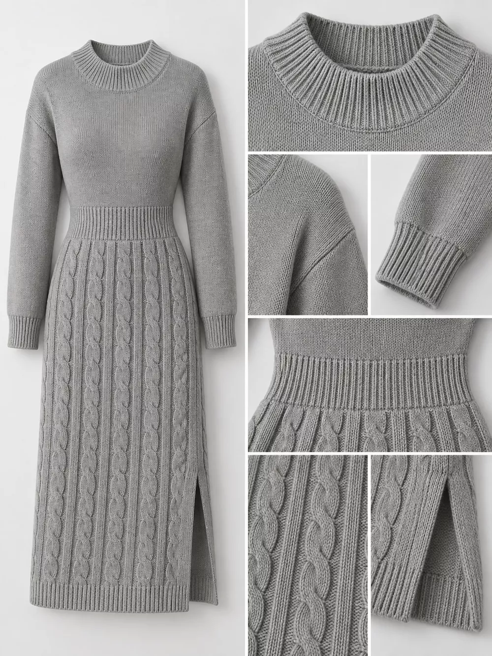 Full Size Mock Neck Cable Knit Sweater Dress with Front Slit Plus Size, image 38