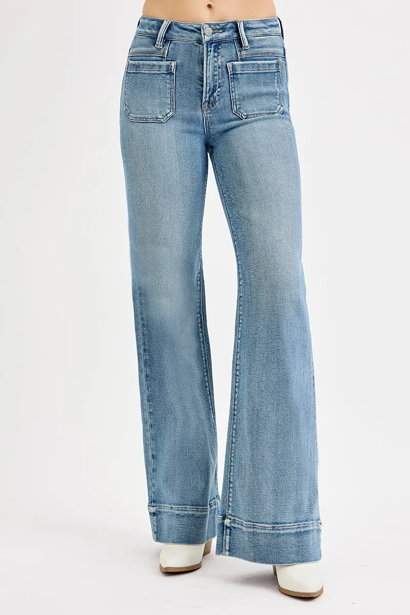 Full Size High Rise Wide Flare Patch Pocket Jeans Plus Size, image 2
