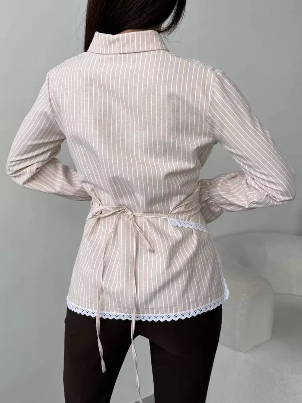Lace Trim Long Sleeves Striped Shirt, image 16