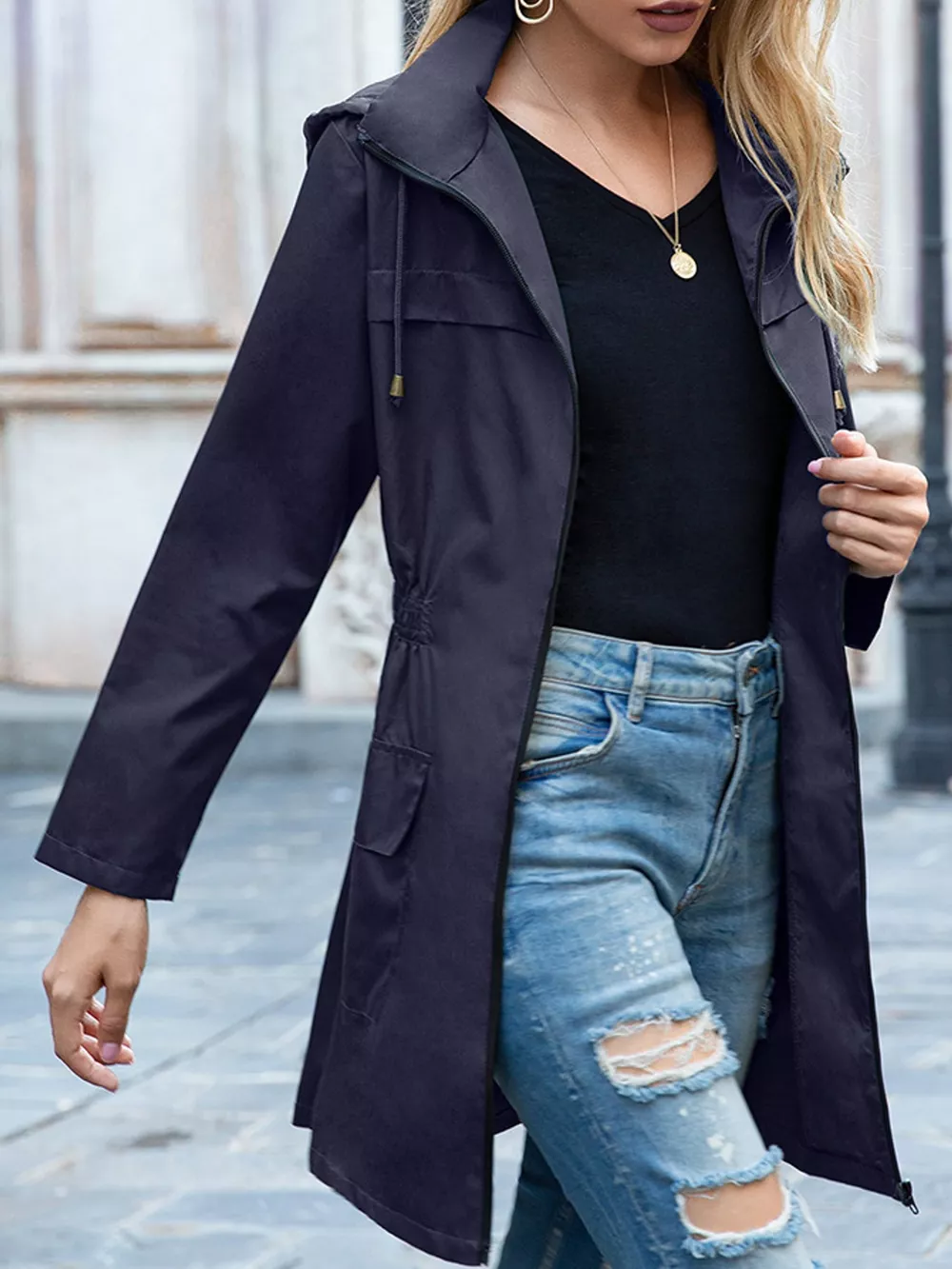Zip Up Drawstring Waist Hooded Jacket, image 15
